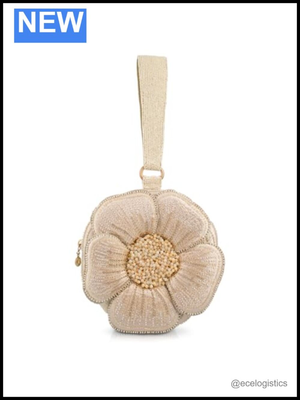 Hand-Beaded Floral Wristlet with Wrist Strap, Zipper Closure, Compact Purse